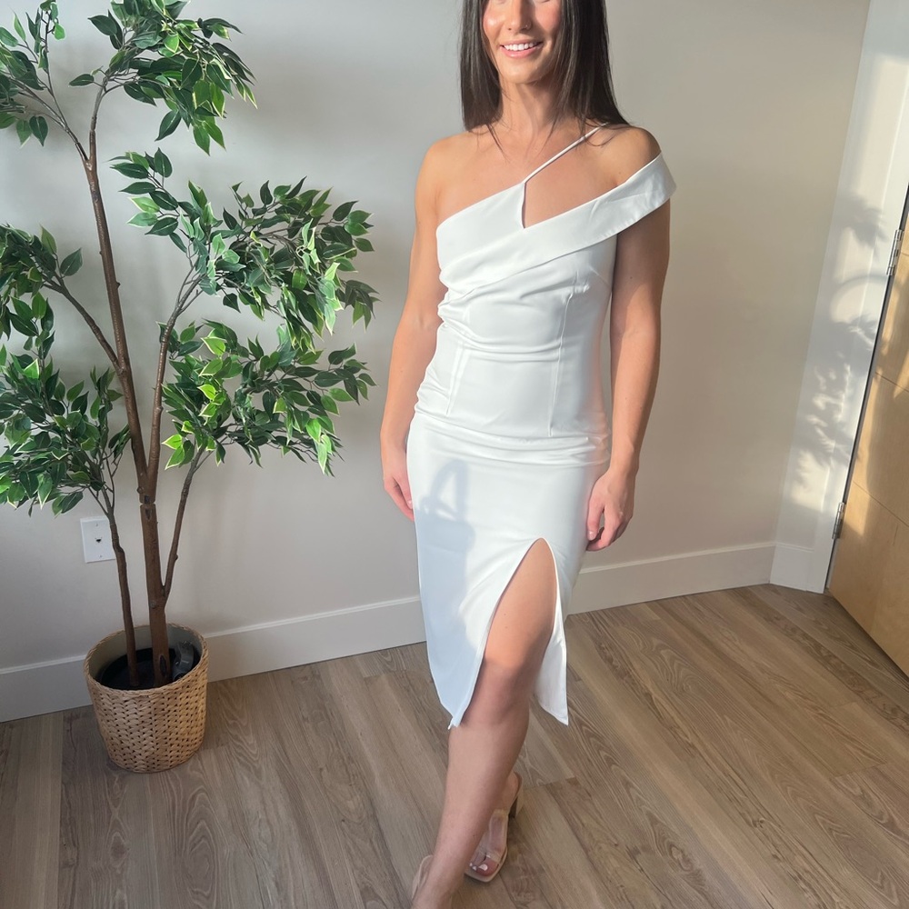 REVOLVE White Asymmetrical Midi Dress